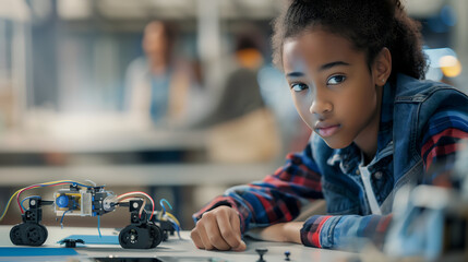 Young Black Girl Engaged in Robotics Competition, Concentrating on Assembling a Robot in a High School Lab, Copy Space for Text