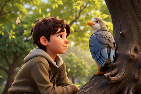 A boy watching a bird from near and bird looks familiar with that guy. 