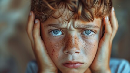 Closeup portrait of boy, suffering from strong headache. Young man's face unhappy and eyes are sad. Kid holds his head with both hands.
