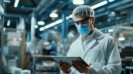 a man in a white suit and mask holding a tablet in a factory area with machinery in the background