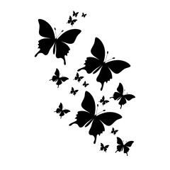 A collection of black and white butterfly silhouettes in various sizes and flying in different directions