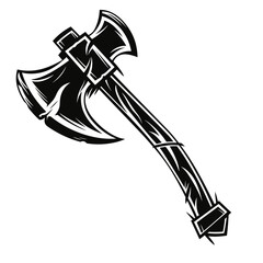 A black and white illustration of a chopping axe with a wooden handle