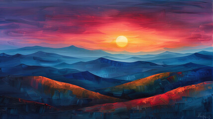 Vibrant sunset landscape painting in red and blue