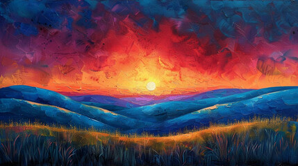 Vibrant sunset landscape painting