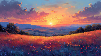 Vibrant sunset landscape with red flowers