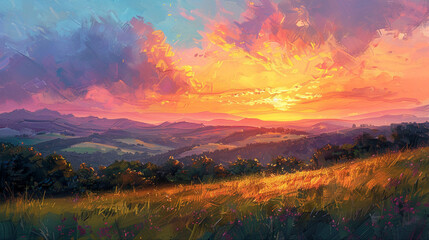 Vibrant sunset landscape with rolling hills