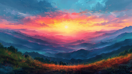 Vibrant landscape sunset in mountain