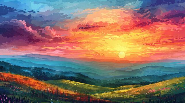 Vibrant landscape painting of sunset over hills