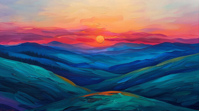 Vibrant landscape painting sunrise hills