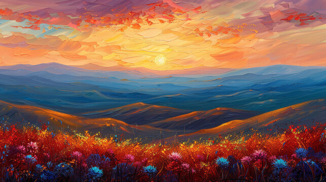 Vibrant landscape painting colorful sunset hills