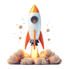 Cartoon Rocket Launching into Space with Flames and Smoke, Isolated on Black Background