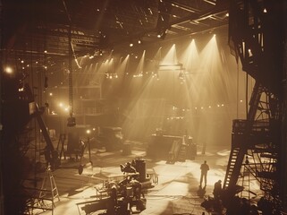 Vintage sepia photograph of a 1920s silent-film studio with a crew working to erect a movie set, overhead spotlights, cameras and machinery. From the series �Lightbox.�