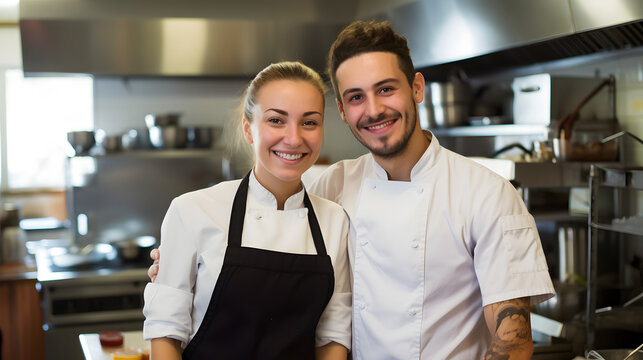 Proud team of chefs, sous chefs and cooking assistants looking at the camera smiling
