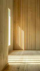 Interior of a room with wooden wall and sunlight coming through the window
