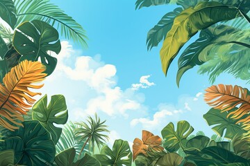 Tropical leaves, illustration, frame with space in the middle