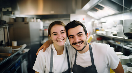 Proud team of chefs, sous chefs and cooking assistants looking at the camera smiling
