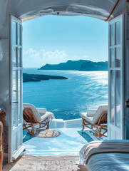 Sea view from the window, Santorini island, Greece.