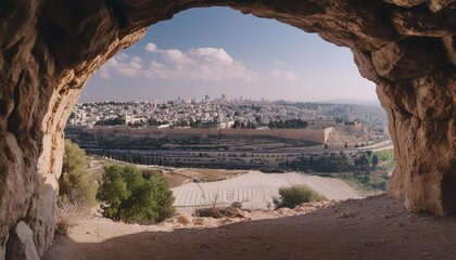 easter sunday concept jesus christ is risen from tomb view from empty cave to jerusalem generative...