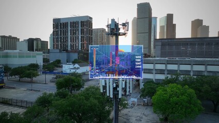 Thermal drone imaging of telecommunication tower in urban city in USA. Animated heat map overlay. Aerial