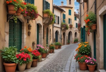 A narrow cobblestone street lined with potted plant,3d illustration created with generative ai.