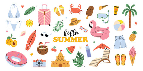 Large vector Summer set. Hello summer. Ice cream, swimming lap, fruits, swimsuit, ball, leaves, sand castle, seashells. Collection of summer elements for scrapbooking. Hand drawn style. Summer poster.