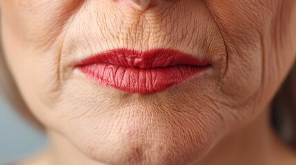 Close-up of a Mature Woman's Lips Wearing Red Lipstick, Signifying Aging Gracefully. Captured in Natural Light. Ideal for Beauty and Skincare Concepts. AI
