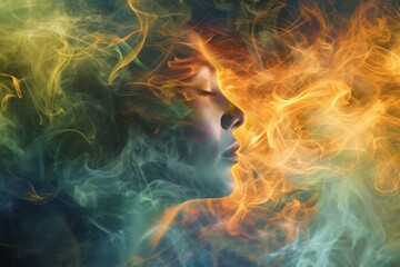 Obraz premium Striking Colorful woman head aura digital art. Mental health power woman energy. Generate Ai