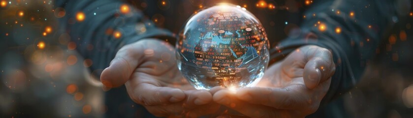Close up on business hands holding a crystal globe with digital stock indices floating inside, conceptualizing global trade.