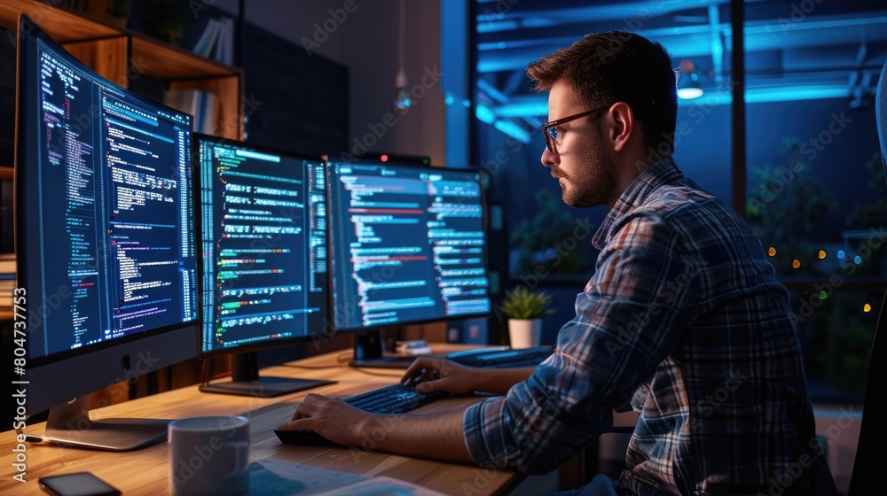 Wall mural a software developer works on code late into the night, illuminated by the glow of multiple computer