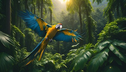 oil painting style illustration macaw bird flying in tropical jungle cute and adorable wildlife idea for wall art decor and background wallpaper generative ai