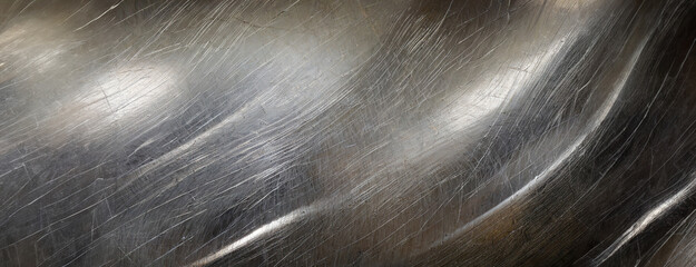 A close-up of scratched stainless steel surface exhibiting weathered patterns. Metallic texture reflects a history of heavy use and industrial wear. Unpolished aesthetics. Panorama with copy space.