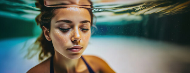 A serene underwater portrait of a woman with eyes closed. The reflective water surface above adds a dreamlike quality to the image.
