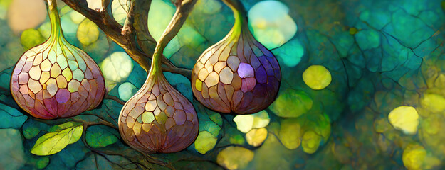 Stylized fruits resembling figs hang from a branch, rendered in an artistic, mosaic texture. Surreal fantastical quality. Detailed composition create a whimsical and imaginative visual feast.