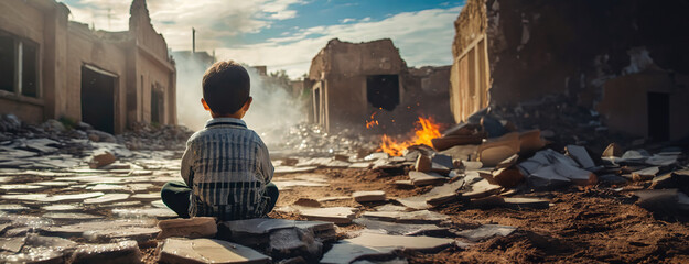 A young boy sits facing the ruins of a war-torn environment, loss and resilience. The background shows debris and smoldering fires. Contemplation amid devastation. harsh realities of conflict.