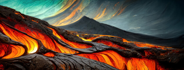 Volcanic lava flows create dramatic patterns against a stark landscape. The fiery red and orange hues contrast vividly. Powerful natural phenomenon, movement of molten earth.