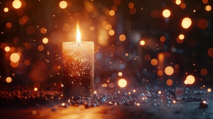 Candlelight caught in a luminous, multicolored glow, enhancing its soft flame.