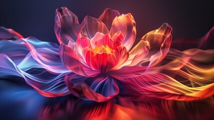 Flowing, colorful lights create a mesmerizing portrait of a flower in a studio.