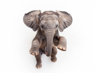 Fototapeta premium Playful baby elephant on white background - Joyful baby elephant captured mid-play against a pure white backdrop, displaying happiness