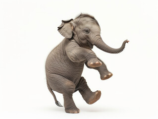 Obraz premium Playful baby elephant on white background - Joyful baby elephant captured mid-play against a pure white backdrop, displaying happiness