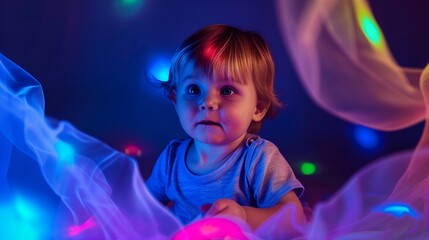 Fototapeta premium A child amid flowing, colorful lights, exuding innocence in a studio portrait.