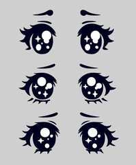 Set of 90's black and white retro anime style eyes on a grey background.