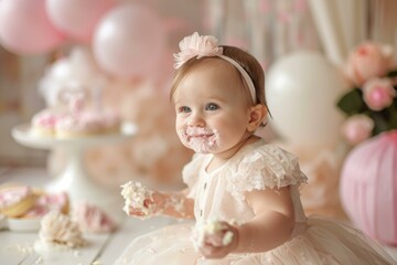 Fototapeta premium Delightful Baby girl birthday. Party kid funny. Generate Ai