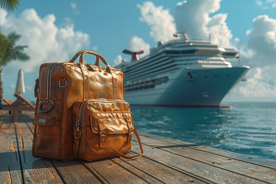 3D render of travel luggage and beach bag on wooden deck with cruise ship in the background, in the style of 2/4 place for text --ar 124:83 --stylize 750 Job ID: 9ef6d902-35cd-4446-82e5-8c7017fac0bf