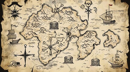 Handcrafted map by a pirate, showing chests brimming with loot, swords in combat crosses, and skull markers on treacherous isles.