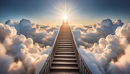 stairway leading up to a divine light in clouds this intriguing image depicts a stairway winding up to a celestial realm in a contrasting scene of serenity and turmoil in the clouds