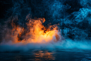 A stage filled with icy blue smoke under a bright orange spotlight, providing a cool, invigorating look against a black background.