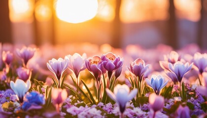 colorful spring flowers at sunset banner - Powered by Adobe