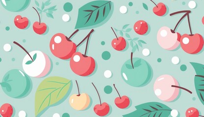 Colorful cherry pattern on a mint background, pastel shades, themes focusing on freshness and organics. Flat graphics