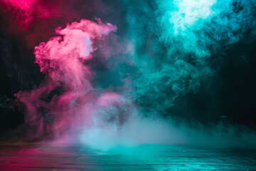 A stage with airy teal smoke illuminated by a hot pink spotlight, contrasting sharply against a dark background.