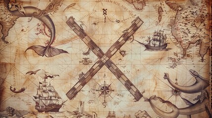 Historical ocean chart with enigmatic X markers, detailing antique navigational paths flanked by drawings of mermaids and mythical sea monsters. - obrazy, fototapety, plakaty
